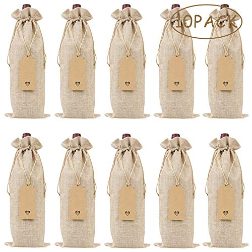 10 bolsas de vino de arpillera de yute con cordón para botellas de vino bolsas de vino protector para botellas de vino tinto de embalaje de vino para Navidad bodas cenas y fiestas (35 x 15 cm) (amor)