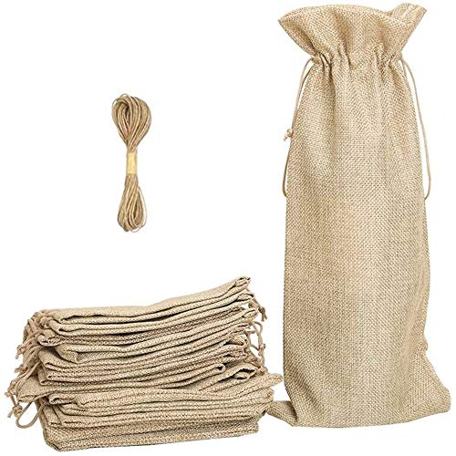 10 bolsas de vino de arpillera de yute con cordón para botellas de vino bolsas de vino protector para botellas de vino tinto de embalaje de vino para Navidad bodas cenas y fiestas (35 x 15 cm) (amor)