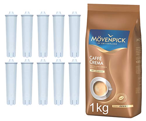 10 cartuchos de filtro compatibles con Jura Claris Blue 67007 67133 71312, filtro de agua, cartucho de filtro Jura Cafetera automática + 1 kg de Mövenpick Café Crema Café Granos