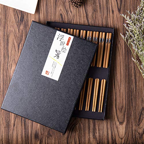 10 Pares Palillos de Bambu Japoneses Chopsticks Reutilizables Lavable con Caja de Regalo Negra para Sushi Cocina Asiática, Pescado