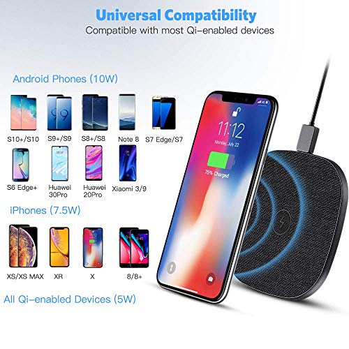 10 W Cargador Inalámbrico Rápido, AGPTEK Qi Wireless Charger 10W/7.5W/5W para iPhone 8/X/XS/XR/11/11Pro, Galaxy S10/S10+/S10E/S9/S9+/S9+/S8, Huawei Mate 20 Pro/ 30 Pro, Xiaomi 9/ Mix 2s/3, Airpods Pro