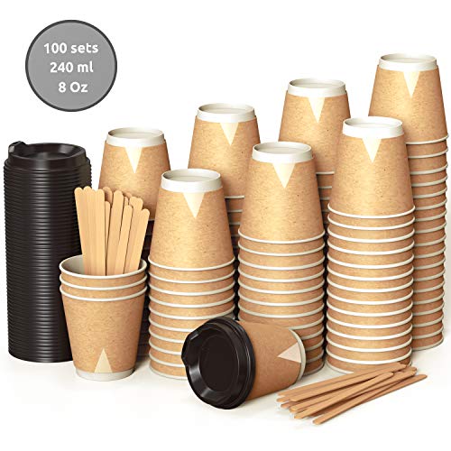 100 Kraft Vasos Desechables 240 ml de Doble Pared de Café para Llevar - Vasos Carton con Tapas y Agitadores de Madera para Servir el Café, el Té, Bebidas Calientes y Frías