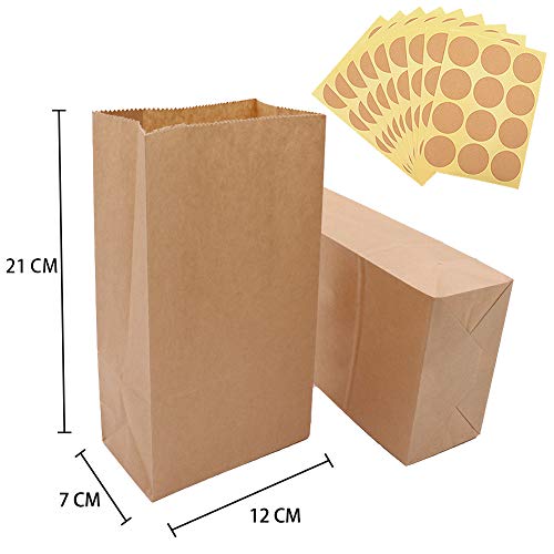 100 Piezas Calidad Bolsa de Papel Kraft 12X21X7CM - ZOORE Biodegradable Bolsas de Papel Regalo Para Navidad/Bodas/Fiestas de Cumpleaños/galletas/gominolas cualquier evento o regalos pequeños(70g/m2)