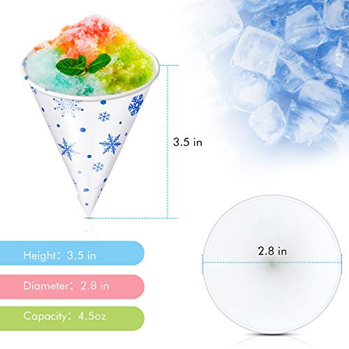 100 Piezas Copas de Cono de Nieve Desechables de 4,5 oz Vasos de Papel de Cono a Prueba de Fugas con 100 Piezas Pajitas de Cuchara para Helado de Granizado Sorbete Agua