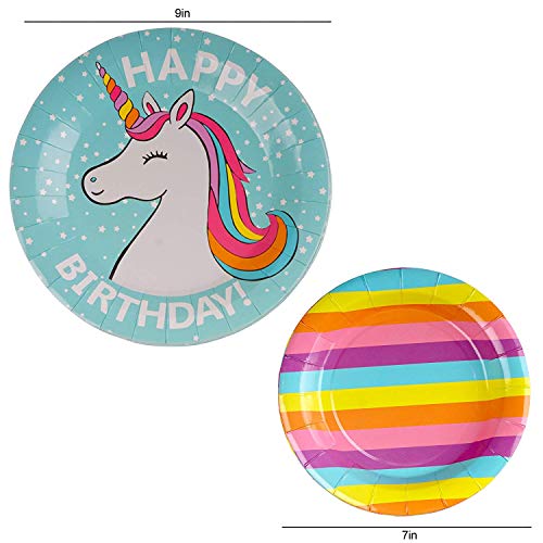 102 Piezas–Vajilla Diseño de Arcoiris y Unicornio Desechable–Accesorio de Decoración de Fiesta de Cumpleaños-Utensilios para Celebración–Pancarta,Platos,Vasos,Servilletas,Pajitas y Mantel Resistente