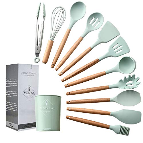 11 Piezas Utensilios Cocina de Silicona,Resistentes Al Calor Espátulas de Cocina Antiadherente con Mango de Madera, Cuchara sin BPA (verde)