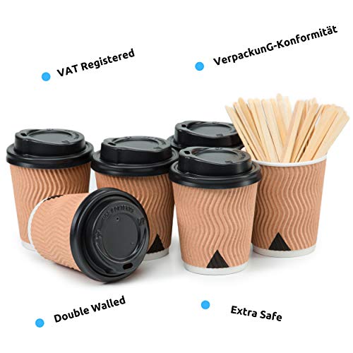 110 Vasos Desechables Ondulación Kraft de Doble Pared de Café Para Llevar - Vasos Carton 240 ml 8 Onzas con Tapas y Agitadores de Madera para Servir el Café, el Té, Bebidas Calientes y Frías