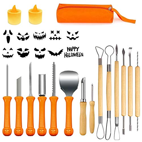 14 Piezas Kit de Talla de Calabaza Halloween con 2 Luces LED, Corte de Calabaza de Halloween profesionales Acero Inoxidable con 10 Plantillas, Herramientas de Talla de Calabaza para Jack-o-Lantern