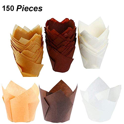 150 unidades de moldes de papel para hornear, para magdalenas, magdalenas, moldes para hornear magdalenas, para bodas, cumpleaños, baby showers, 2,5 pulgadas (marrón, natural y blanco)