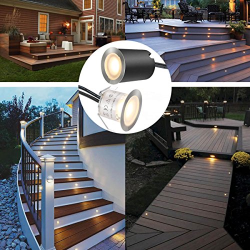 16 luces de terraza, luces LED de con carcasa protectora de 32 mm, iluminación de cubierta blanca cálida IP67 resistente al agua, 12 V de bajo voltaje para escaleras, patios, suelos, zócalos de cocina