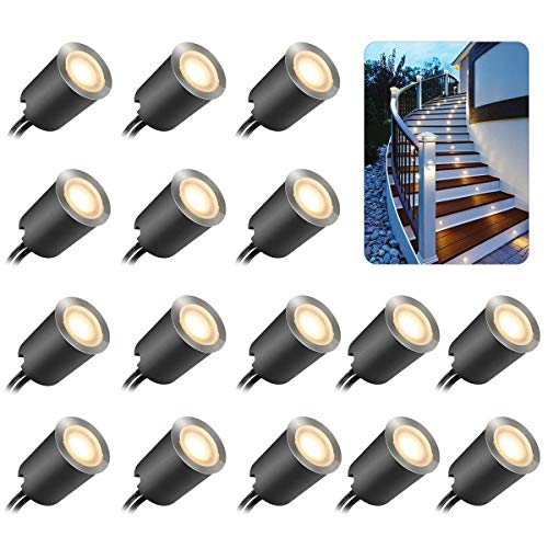 16 luces de terraza, luces LED de con carcasa protectora de 32 mm, iluminación de cubierta blanca cálida IP67 resistente al agua, 12 V de bajo voltaje para escaleras, patios, suelos, zócalos de cocina