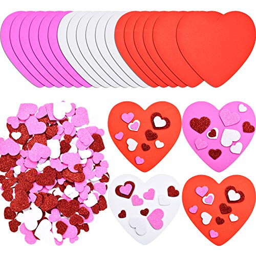 18 Corazón de Espuma de San Valentín Corazón Artesanal de Espuma y 300 Etiqueta Autoadhesiva de Corazón Pegatina de Espuma de Purpurina para San Valentín Bricolaje Artesanía, Rojo, Rosa y Blanco