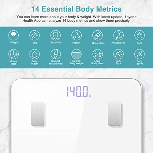 1byone Báscula Grasa Corporal, Balanza Peso Corporal Bluetooth, Báscula de Baño, Bascula Grasa Corporal y Muscular, Vasculas de Peso Digital Grasa Corporal, 14 Composición Corporal Esencial, Blanco