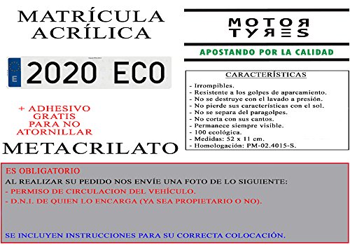 2 MATRICULAS ACRILICAS METACRILATO + Adhesivos para Colocar SIN ATORNILLAR Gratis Medida MATRICULA 52x11 cm HOMOLOGADA Ultra-Brillante MATRICULAS