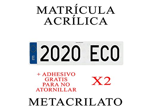 2 MATRICULAS ACRILICAS METACRILATO + Adhesivos para Colocar SIN ATORNILLAR Gratis Medida MATRICULA 52x11 cm HOMOLOGADA Ultra-Brillante MATRICULAS