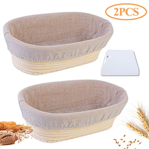 2 Pcs Banneton para Pan,Cesta a Prueba de Pan,Cesta para Masa Oval 25 x 15 x 8 cm,Cuenco para Masa,Cesta de Pruebas,Cesta de Masa de Ratán con 2 Raspador de Masa y 2 Paño de Forro de Lino