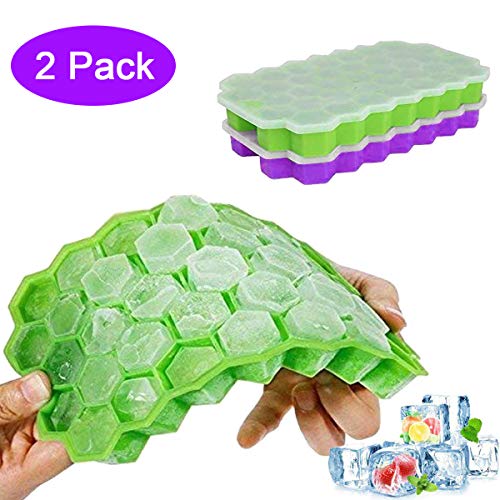 [2 Piezas] Bandejas de Cubitos de Hielo con Tapa, Gel de Sílice de Grado alimenticio flexible y sin BPA, 37 cubitos de hielo cada uno, whisky de molde con hielo, café - Verde/Morado