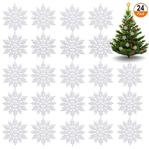 24 piezas Árbol de Navidad Copo de nieve Brillo Copo de nieve Copos de nieve de plástico blanco Decoraciones colgantes Copo de nieve de Navidad con cordones para la decoración del árbol de Navidad