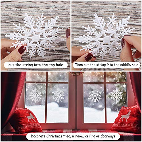 24 piezas Árbol de Navidad Copo de nieve Brillo Copo de nieve Copos de nieve de plástico blanco Decoraciones colgantes Copo de nieve de Navidad con cordones para la decoración del árbol de Navidad