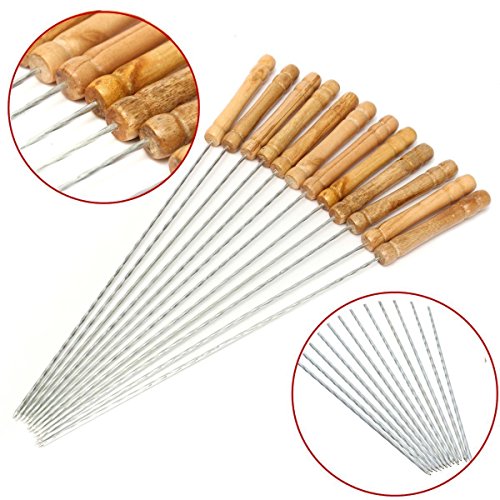 24 x Metal de acero inoxidable reutilizable para barbacoa. Pinchos con mango de madera, 30 cm, Palos de Kabab de metal trenzado – -juego de 24