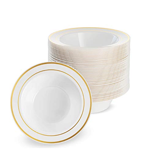 25 Cuencos Desechable de Plástico Elegante con Borde Dorado, 19cm/360ml - Bol para Sopa, Aperitivo y Postre - Resistentes Lavable y Reutilizable - Bodas Fiestas Cumpleaños Catering Navidad.