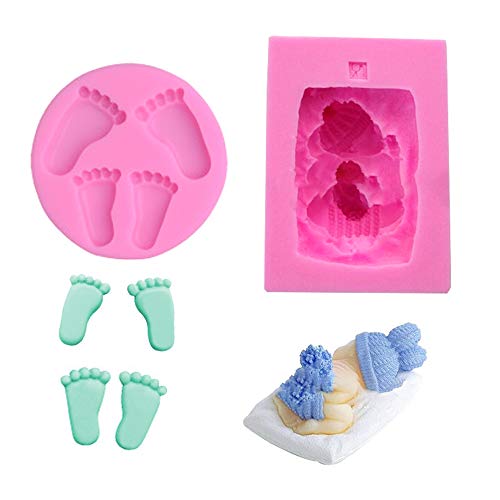 2pcs Molde de silicona para pastel de fondant de bebé, molde para pies de bebé, decoración de pasteles, dulces, chocolate, galletas, pasta de goma, molde para hornear