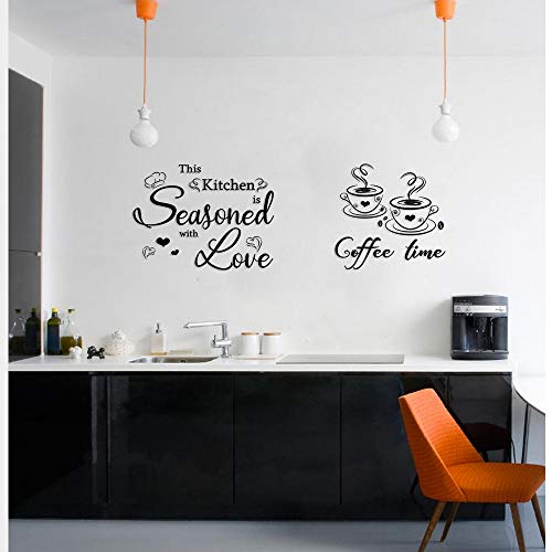 2pcs Pegatinas Vinilos Pared Cocina Decorativas con Frases Letras en Inglés Stickers Adhesivos Comedor Cafetería Restaurante Habitación Coffee time This Kitchen.