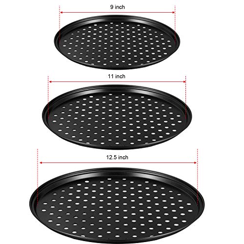 3 Bandejas de Pizza Sartén de Pizza de Acero al Carbono Bandeja de Pizza Redonda Antiadherente con Agujeros para Uso Doméstico en Hoteles y Restaurantes, 9 Pulgadas/ 11 Pulgadas/ 12,5 Pulgadas