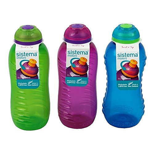 3 cantimploras Sistema de 330  ml; botellas de agua con tapa en color azul, verde lima y rosa