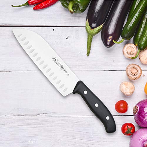 3 Claveles - Cuchillo japonés Santoku Alveolado, carne pescado y verdura, Acero Inoxidable, línea DOMVS - (18cm - 7")