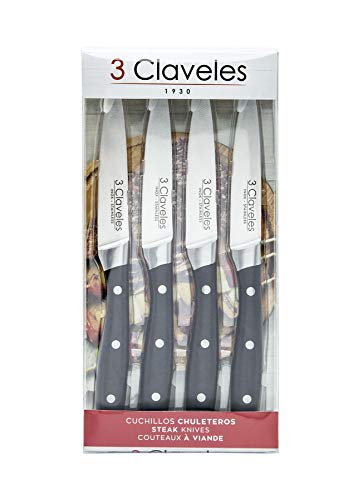 3 Claveles Juego de 4 cuchillos de carne Set cuchillos cocina profesional Set 4 cuchillos chuleteros cuchillo set de utensilios cocina aptos para lavavajillas de mango ABS