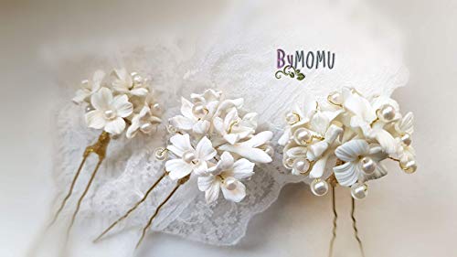 3 Horquillas FLORES blancas Pompon para el Pelo-Flores Porcelana-Tocado Novias y Damas de honor