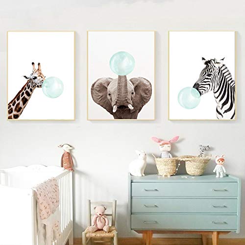 3 Pósteres Jirafa Cebra Elefante Laminas Bebe Habitacion Cuadros Infantiles para Habitacion Animales Decorativas Pared Imagen de Niños Regalo Impresiones de Lienzo PTANB002-M