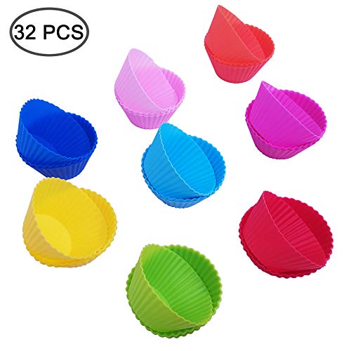 32 piezas Reutilizable Silicona Tazas para hornear, Senhai Antiadherente Mini Mollete Moldes Sartén De Trufa Magdalena Revestimientos Copa arcoiris envoltorios de pastel - 8 colores