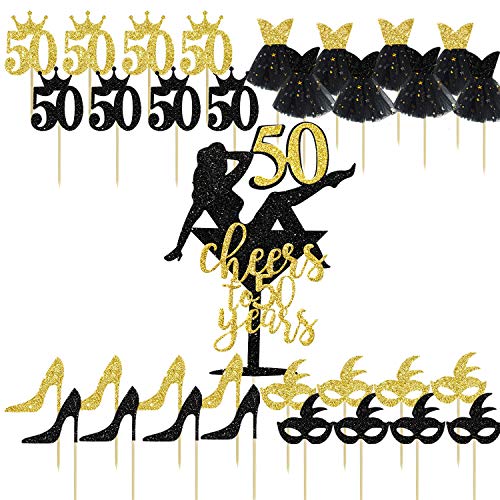 33 piezas negro purpurina oro Cheers to 50 años Topper para tarta 50th Birthday Cake Decorations Cupcake Topper Kit para mujer 50° aniversario celebración de la boda decoración para fiestas ideas