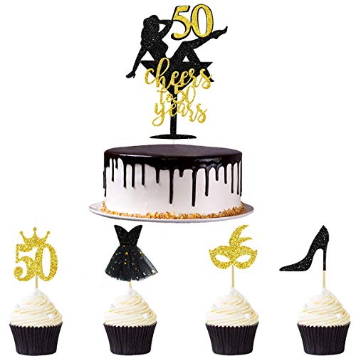 33 piezas negro purpurina oro Cheers to 50 años Topper para tarta 50th Birthday Cake Decorations Cupcake Topper Kit para mujer 50° aniversario celebración de la boda decoración para fiestas ideas