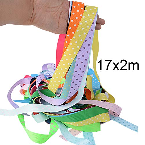 34m Cintas Puntos Grosgrain Ribbon Manualidades Lazos Costura Decoración Embalaje Regalo Cajas Flores Boda Navidad Fiestas Cumpleaños, 17 Colores, Ancho 22mm