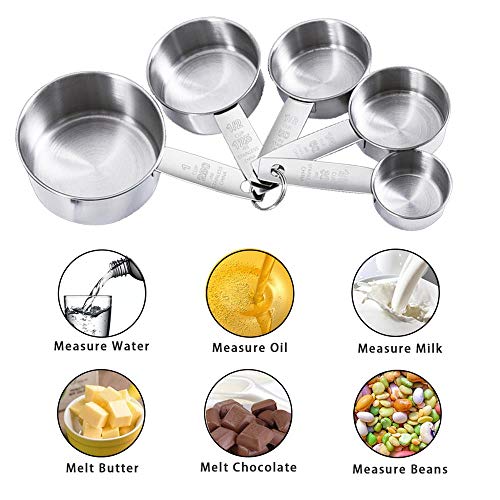 3T6B Cuchara de MedicióN Acero Inoxidable, 5 Juegos de Cucharas de MedicióN Colgantes, Utensilios de Cocina para Hornear con Escalas para Medir LíQuidos SóLidos (Acero Inoxidable 430)