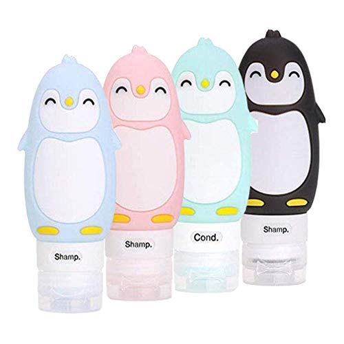 4 Pcs Pingüinos Botellas de Viaje de Silicona - Libre de BPA & TSA Aprobado Botellas Viaje Avion - Botes Viaje para Champu, Gel de Ducha, Lociones (90 ml)