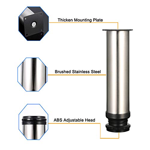 4 piezas Pies ajustables, Pies de gabinete de 200 mm de altura, patas de mesa, patas de muebles, acero inoxidable cepillado, altura ajustable de 0-15 cm, vienen con tornillos de acero inoxidable