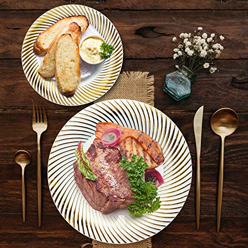 40 Elegantes Platos Desechables de Plástico Duro con Borde Oro Ondulado| 20 Platos Grandes y 20 Platos Postre| Resistentes y Reutilizable - Vajilla Desechables para Catering Bodas Fiestas Navidad.