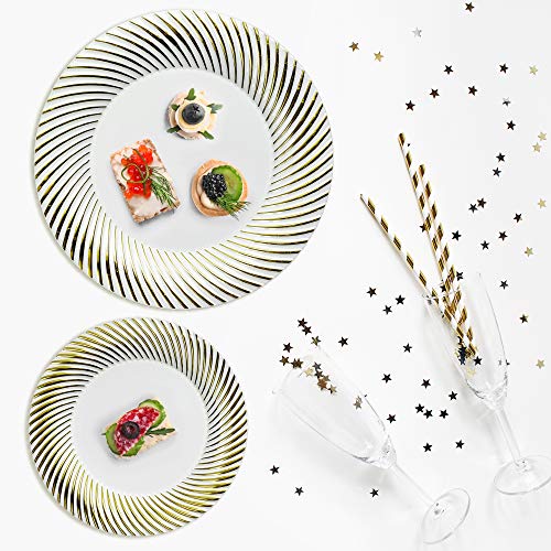 40 Elegantes Platos Desechables de Plástico Duro con Borde Oro Ondulado| 20 Platos Grandes y 20 Platos Postre| Resistentes y Reutilizable - Vajilla Desechables para Catering Bodas Fiestas Navidad.