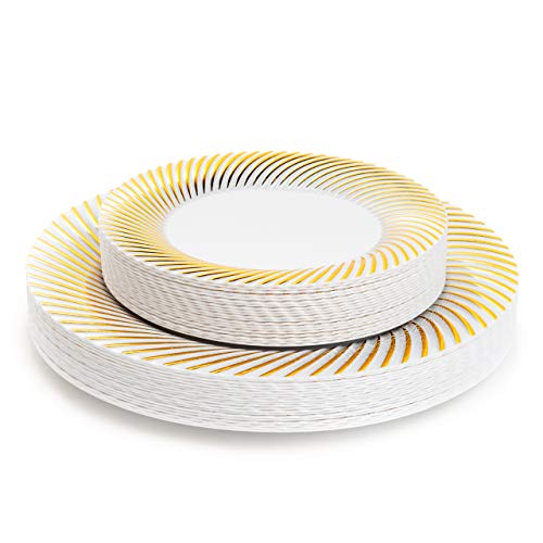 40 Elegantes Platos Desechables de Plástico Duro con Borde Oro Ondulado| 20 Platos Grandes y 20 Platos Postre| Resistentes y Reutilizable - Vajilla Desechables para Catering Bodas Fiestas Navidad.