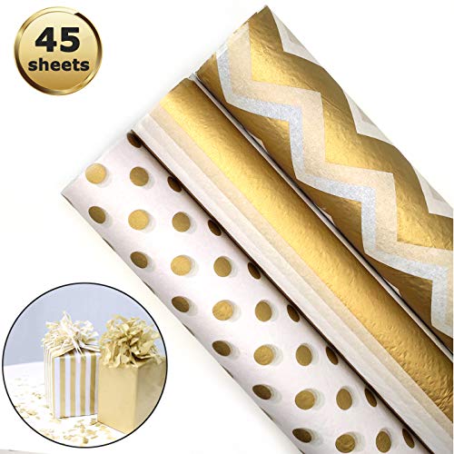 45 hojas de papel de regalo metálico dorado,Papel de Seda de Envolver Regalo Papel de Seda Blanco Dorado Metálico para envolver regalos