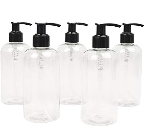 5 botellas de tereftalato de polietileno (PET) Lucemill vacías transparentes con dispensador de loción de color negro. 250 ml. Reciclables