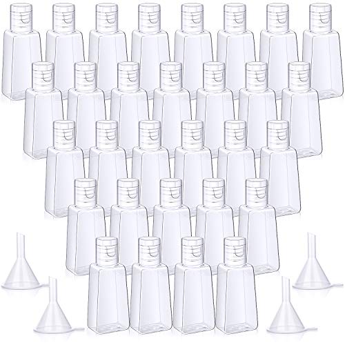 50 Botellas Vacías con Tapa Abatible Contenedores de Tamaño de Viaje Botella de Plástico Recargable de 1 oz/ 30 ml con 4 Embudos para Líquidos, Lociones, Cremas, Champú y Artículos de Tocador