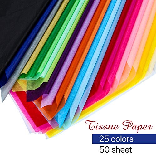 50 Piezas Papel de Seda de Navidad 25 Colores Variados 50 x 70 cm con 2 Piezas de Cinta para Envolver Regalo en Materiales de Fiesta