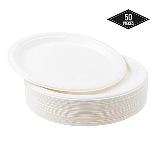 50 Platos Desechables de Papel de Caña de Azúcar, 26cm - Rigido y Resistente - Biodegradable y Ecológico - Impermeable y Apto para Microondas - Alternativa de Plástico Natural| Fiestas Cumpleaños.