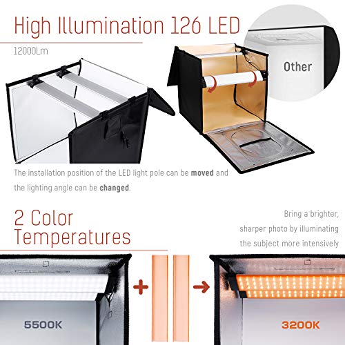 50cm Caja de Luz Fotografía, Color y Brillo Ajustable - amzdeal 126 LED Photo Studio Portátil, 95Ra, 12000LM, 2 Filtros-Amarillo 3200K, Blanco 5500K, 4 Fondos (Gris, Blanco, Negro, Naranja)