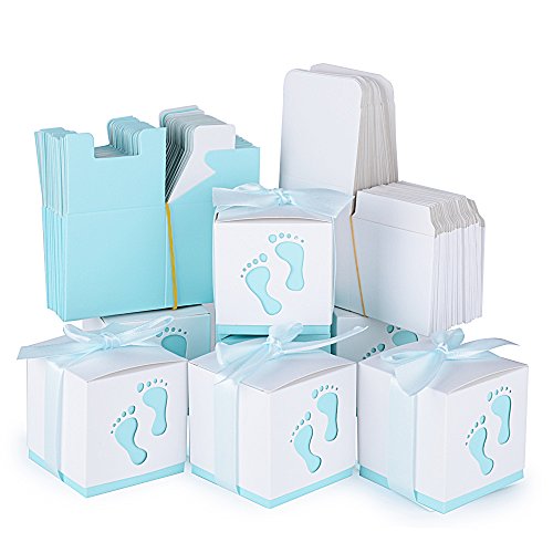 50Pcs Cajas de Papel Bautizo Caramelos Bombones Regalos Detalles para Invitados de Boda Fiesta Comunion Cumpleaños de Niño con Cintas (Pequeños pie Azul)